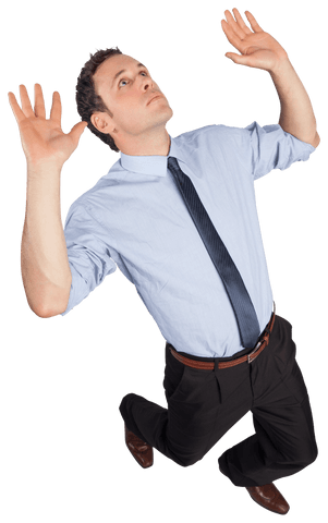 Transparent background businessman posing with raised arms