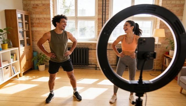 Couple recording home workout with ring light and smartphone in sunlit loft, laughing