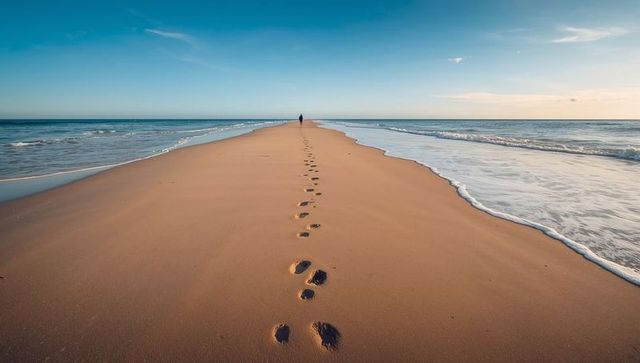 Solitary Figure Walking Along Narrow Sand Spit Leaving Footprints Toward Distant Horizon