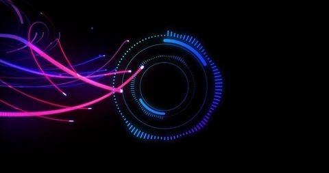 Futuristic digital interface with neon trails and hud elements