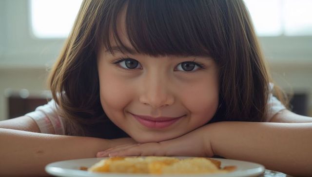 Smiling little girl leaning on arms at breakfast table with pancake closeup warm portrait
