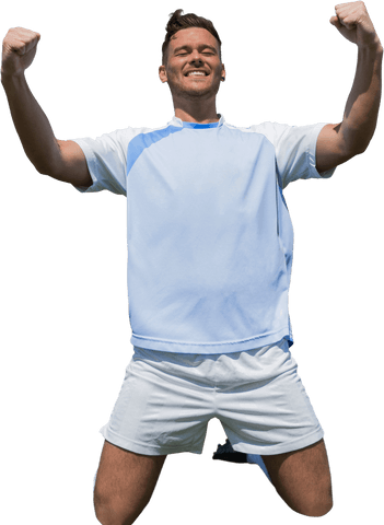 Joyful Football Player Kneeling with Arms Raised on Transparent Background