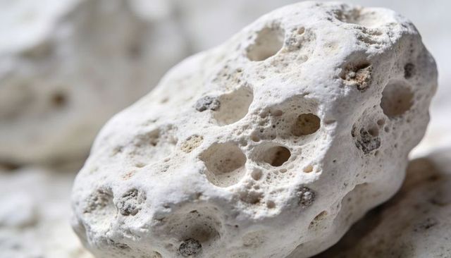 Macro view of porous pumice rock with pitted cavities and white mineral texture for design