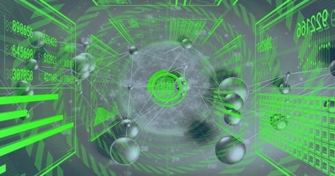 Glowing Orb Displaying Ringed Readouts in Neon Green Cyber Tunnel with Metallic Nodes