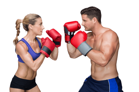 Transparent boxing caucasian couple in sports pose