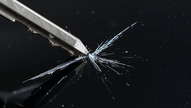 Pressing metal tool tip creating starburst crack on black glass panel, macro close-up, shards