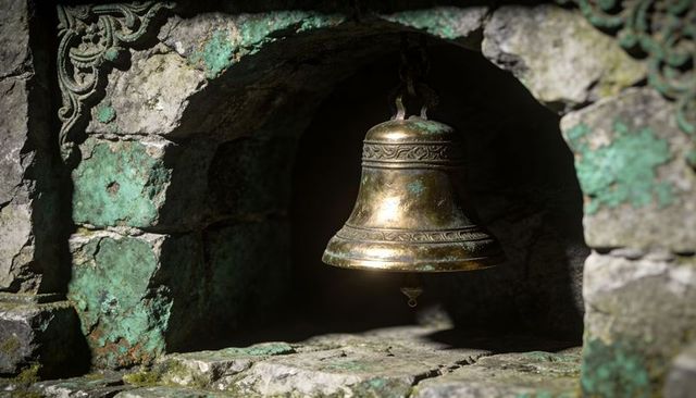 Hanging bronze bell in sunlit stone niche showing verdigris and weathered masonry