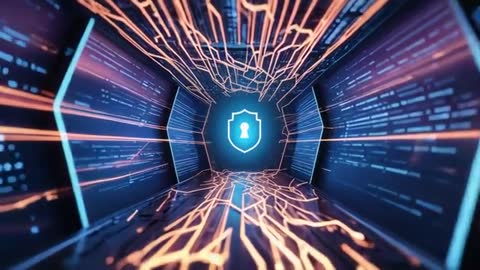 Futuristic Cybersecurity Network: Shield with Keyhole in Digital Data Tunnel