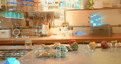 Kitchen counter blending sliced mushrooms, peppers, grapes with financial holograms and overlays