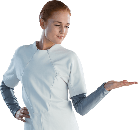 Businesswoman demonstrating with open hand on transparent background