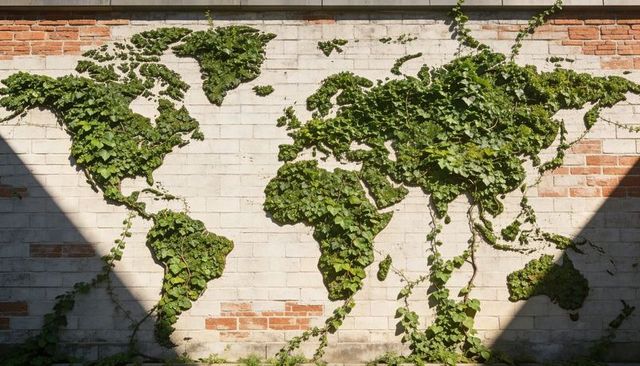Living world map made from trimmed green vines on white brick wall with diagonal shadows