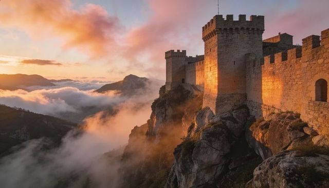 Medieval cliffside fortress basking in golden sunrise light with misty ridges and towers