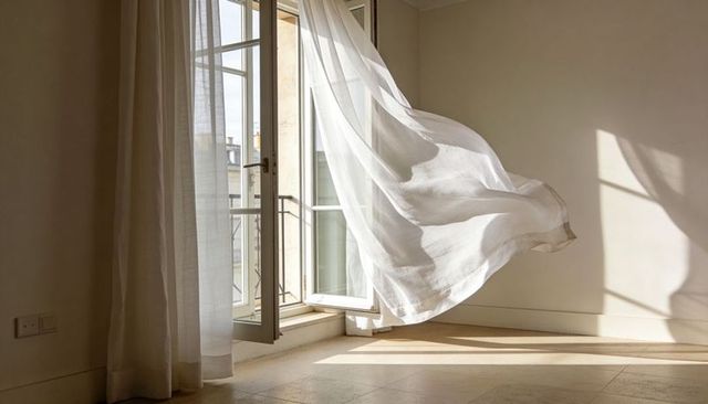 Sheer curtain billowing through open french door into sunlit minimal beige apartment