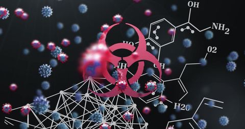 Virus cells with biohazard symbol and molecular network