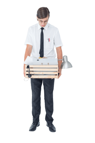 Transparent disappointed businessman with box belongings isolated