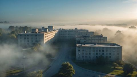 Foggy Morning Over College Campus Buildings with Serenity