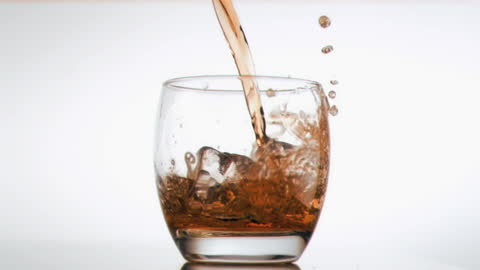 Whiskey Being Poured Into Glass with Ice Cubes