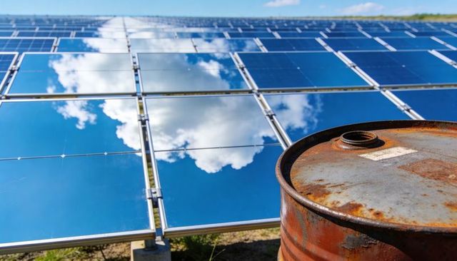 Rusting drum beside reflective solar panel array mirroring blue sky and clouds