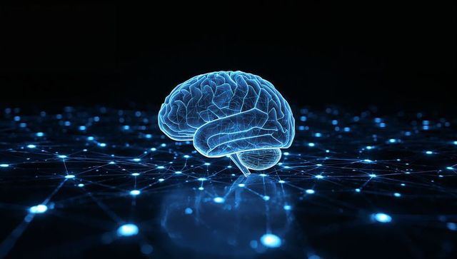 Glowing holographic brain hovering over neon neural network grid, representing AI