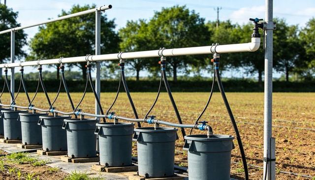 Pvc manifold drip irrigation system delivering precise water to experimental crop rows