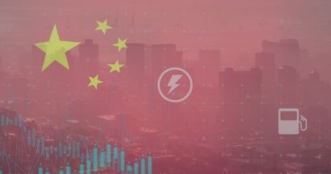 Chinese Flag Digital Data Cityscape Finance Concept