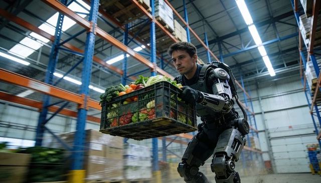 Man in industrial exoskeleton carrying crate of fresh produce through busy warehouse aisle