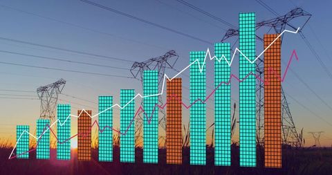 Rising energy market bar charts and line graphs overlaying high-voltage pylons at sunset