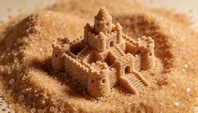 Miniature brown sugar castle rising from granules macro texture with sparkling crystals