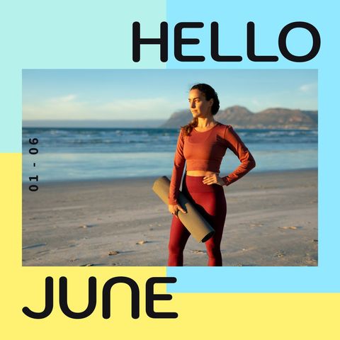 woman with yoga mat by seaside embracing hello june vibes - Download Free Stock Templates Pikwizard.com