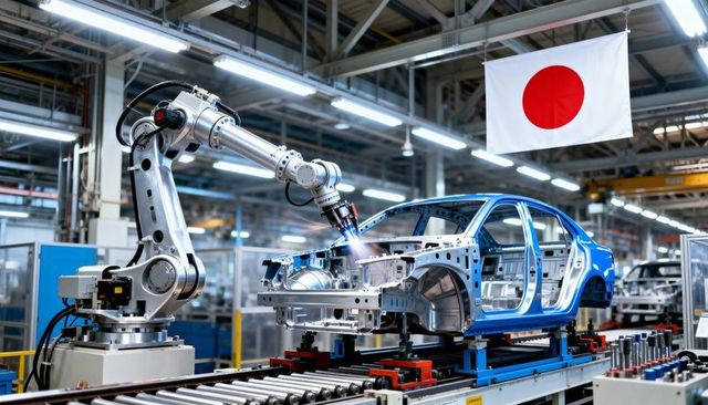 Robotic Welding Arm Performing Arc Welding on Blue Car Body Shell in Japanese Auto Plant