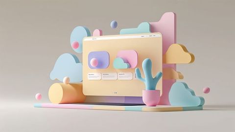 Minimalist pastel 3d computer monitor with geometric shapes for website designs