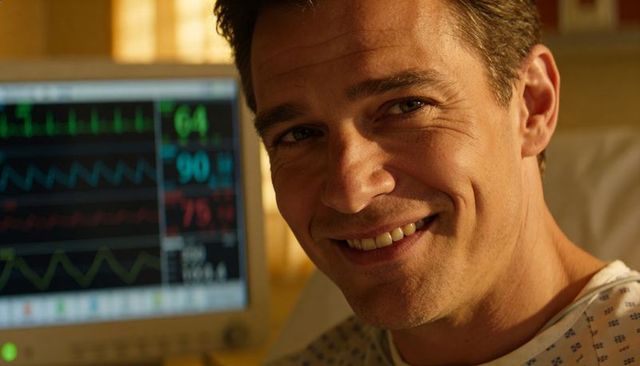 Smiling middle-aged male patient in hospital bed showing ecg monitor readouts for recovery