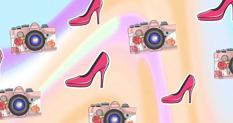 Fashionable Pink Heels and Floral Cameras on Colorful Backdrop