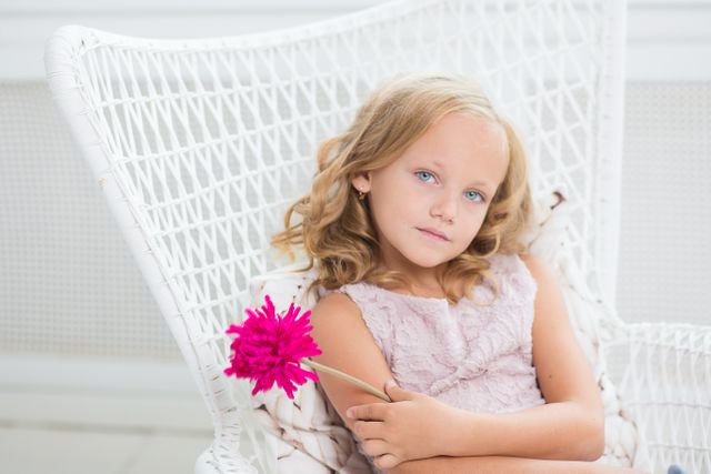 Blonde girl seated on a white wicker chair holding a pink flower, looking contemplative. Perfect for use in advertisements for children's fashion, floral products, or home decor items. Can also be used in articles or blog posts related to parenting, relaxation, and indoor activities.