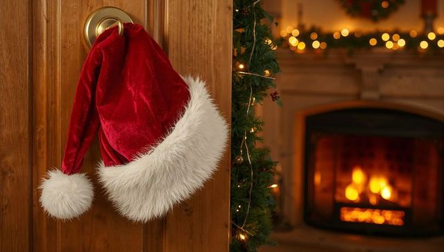Velvet Santa Hat Hanging on Doorknob with Cozy Fireplace Glow and Evergreen Garland