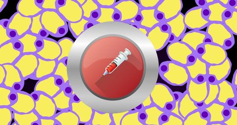 Syringe icon over cells, biological research concept