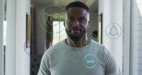 Digital connections overlay on smiling man representing social media