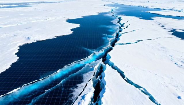 Arctic sea ice fracture with turquoise crevasses and digital grid overlay, aerial climate
