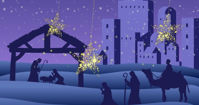 Silhouette Nativity Scene with Gold Stars in Purple Cityscape - Download Free Stock Images Pikwizard.com