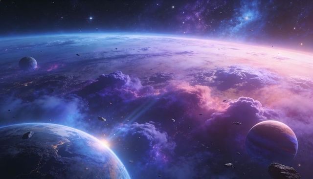 Cosmic Dawn Over Earth-Like Planet with Nebula Lighting, Orbiting Worlds, Asteroid Field