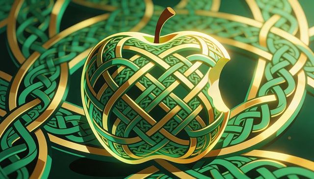 Ornamental celtic knot apple in emerald and gold showing bite and braided metallic pattern