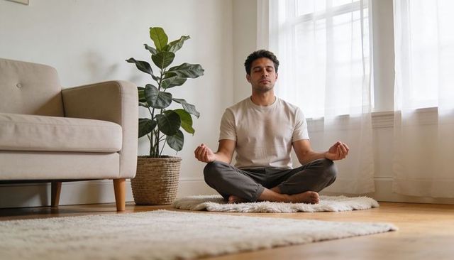 Man meditating on shag rug in bright minimalist living room near potted plant and sheer curtains