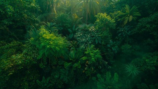 Lush tropical rainforest with sunlight filter