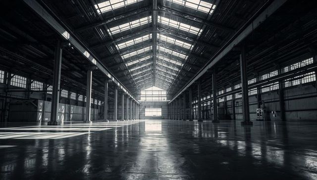 Vast Industrial Warehouse Interior with Skylights