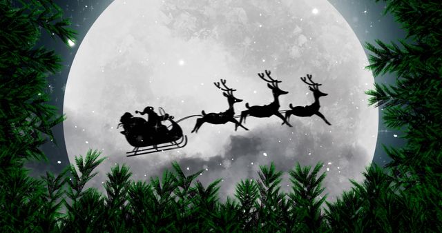 Festive Sleigh Silhouette with Reindeers against Full Moon Background - Download Free Stock Images Pikwizard.com