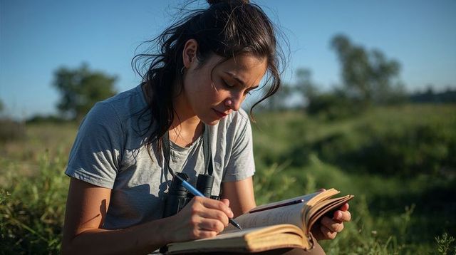 Young woman taking field notes with binoculars in sunlit grassy meadow