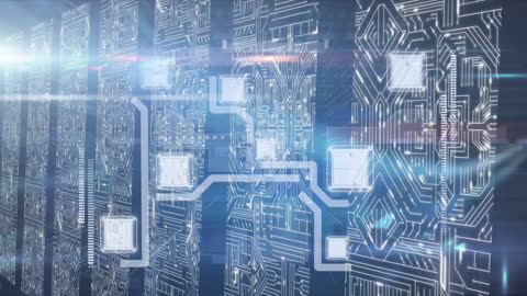 Futuristic Digital Circuit Board with Glowing Holograms