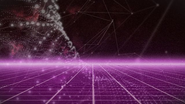 Abstract representation of futuristic technology featuring interconnected lines and wave patterns over a purple grid. Ideal for use in projects related to digital transformation, telecommunications, and virtual reality concepts. Its visually striking aesthetic makes it suitable as a background for technology-themed presentations and advertisements.