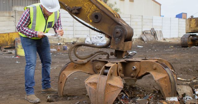 Construction Worker Inspecting Machinery at Industrial Site - Download Free Stock Images Pikwizard.com