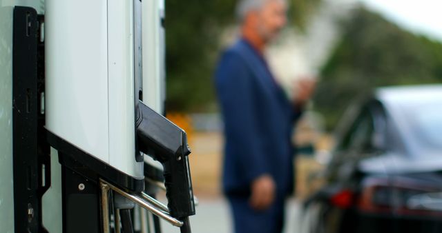 Foreground shows a charging cable at a charging station for electric vehicles. A blurred man stands in the background, with an electric car also out-of-focus behind him. Useful for eco-friendly transport, clean energy, and technology editorial pieces.